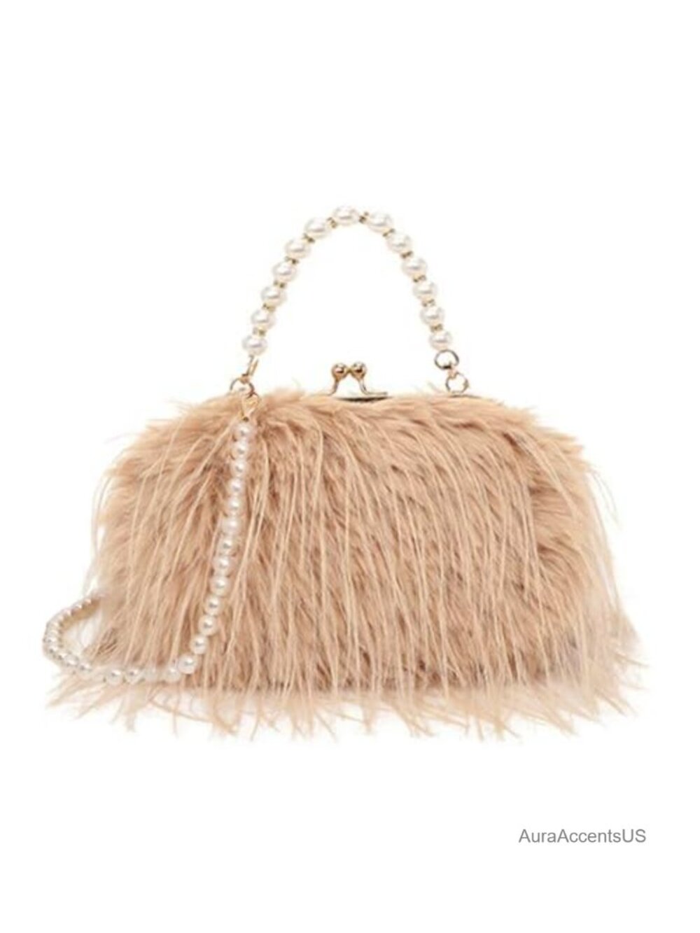 Faux Fur Fluffy Feather Evening Clutch Pearl Beaded Crossbody Bag for Party